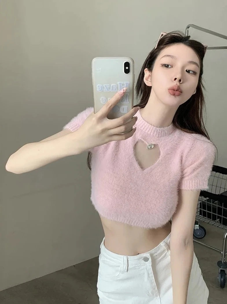 cashmere short sleeve knitted crop tops