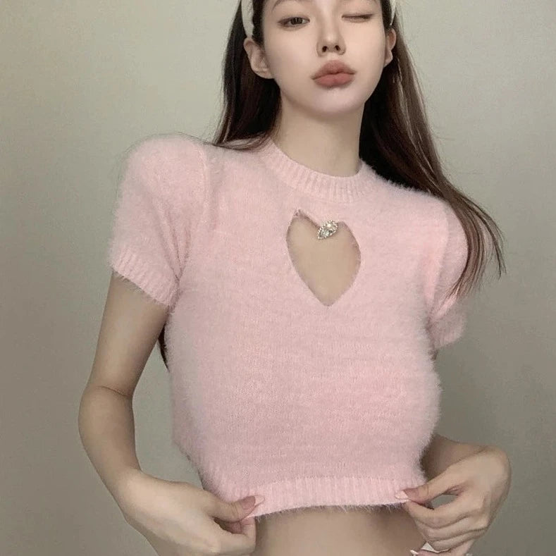 cashmere short sleeve knitted crop tops