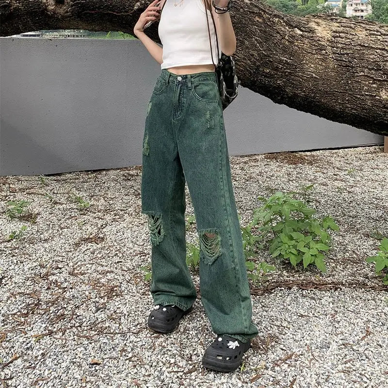 dark green ripped wide leg jeans