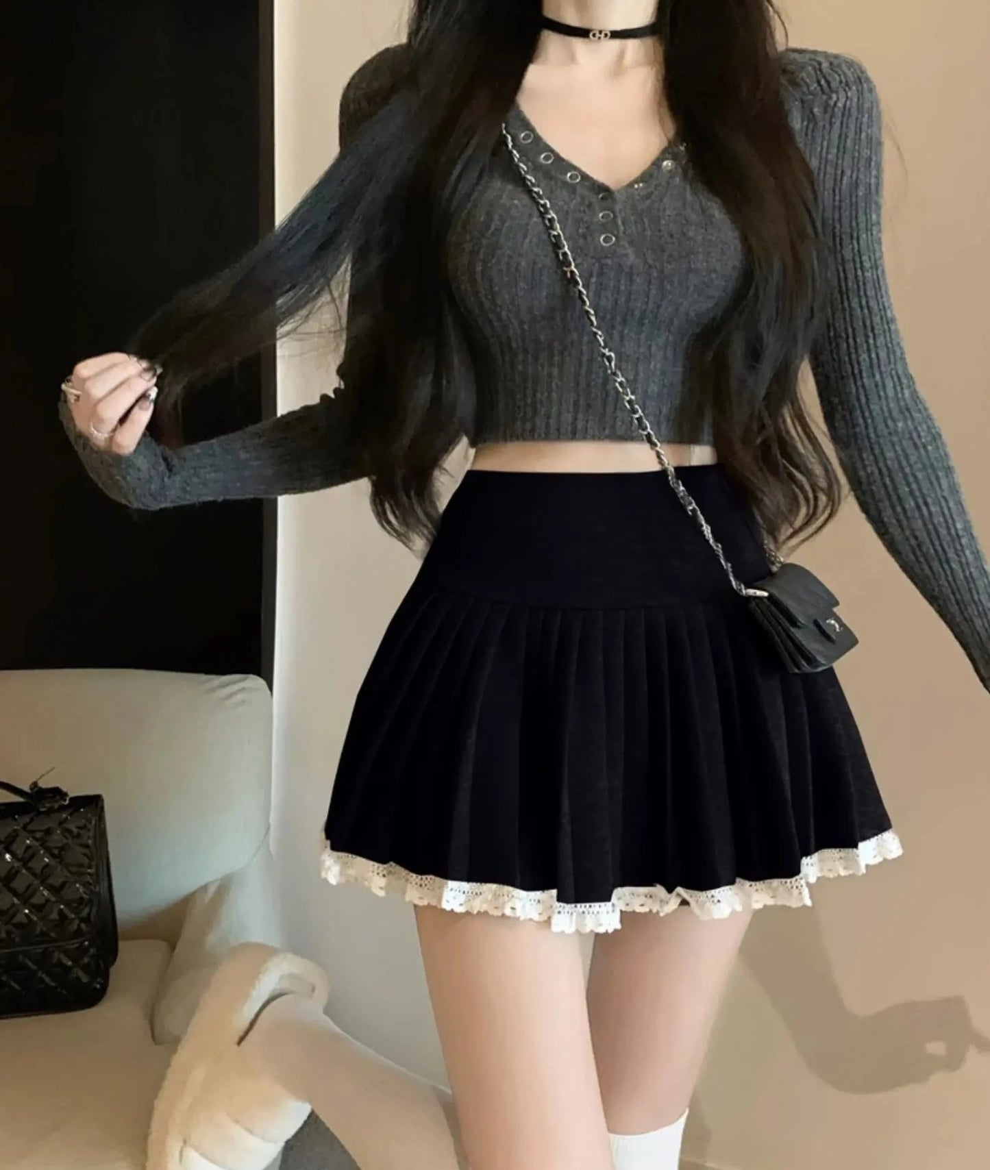 lace pleated mini skirts