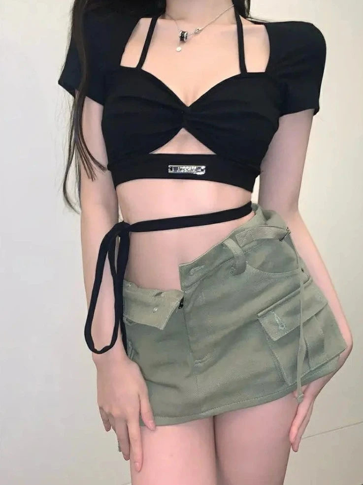 sexy hollow out bandage crop tops