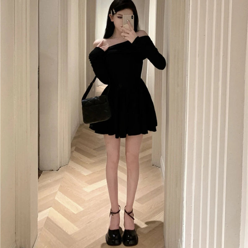 temperament slash neck black dresses