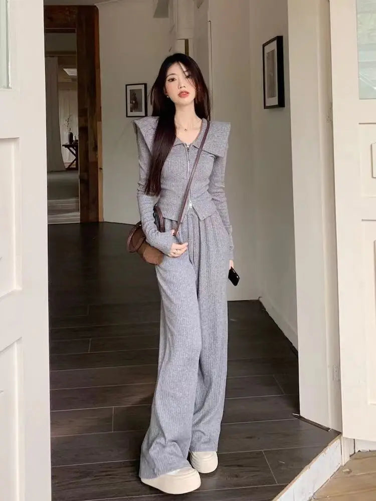 two-way zipper shirt & high waist straight pants set