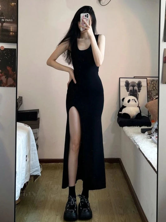 black side slit sleeveless dresses