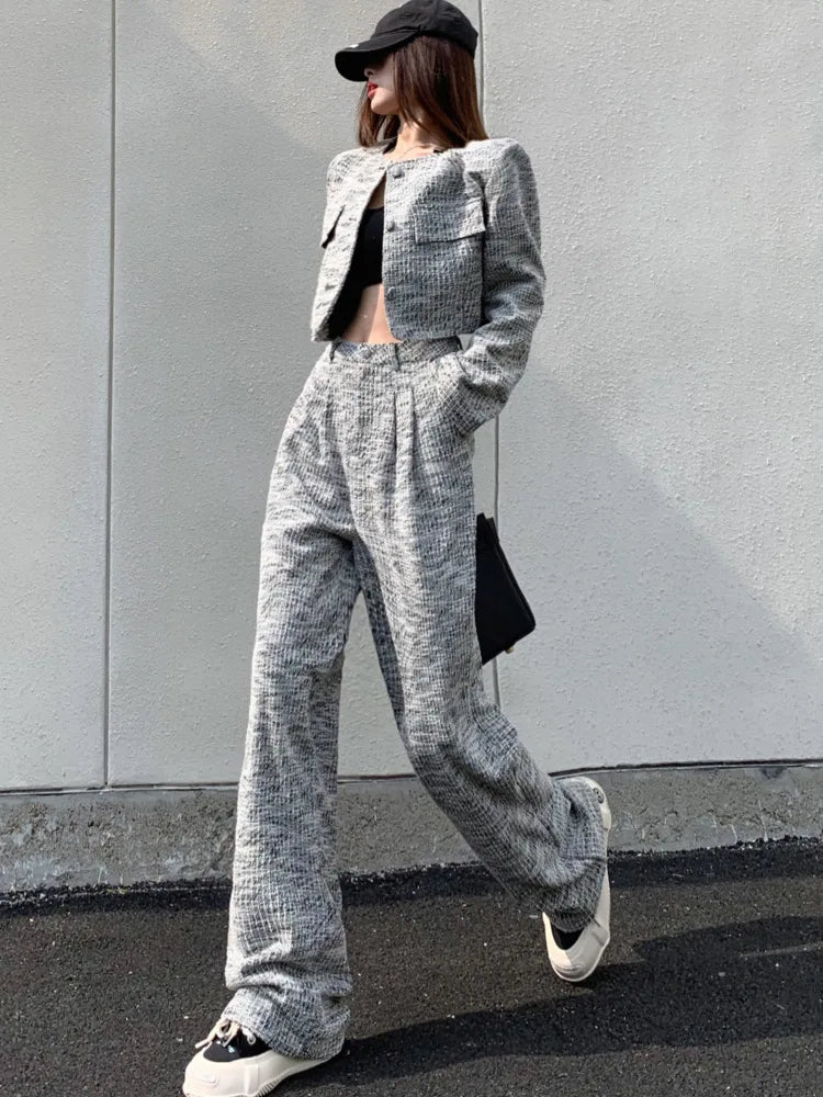 small fragrance tweed  short jacket coat + high waist wide leg pant sets suits