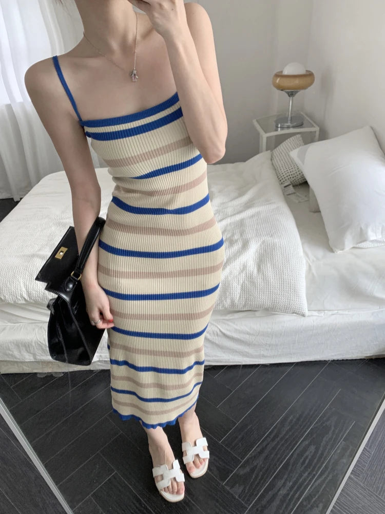 striped knitting midi dresses