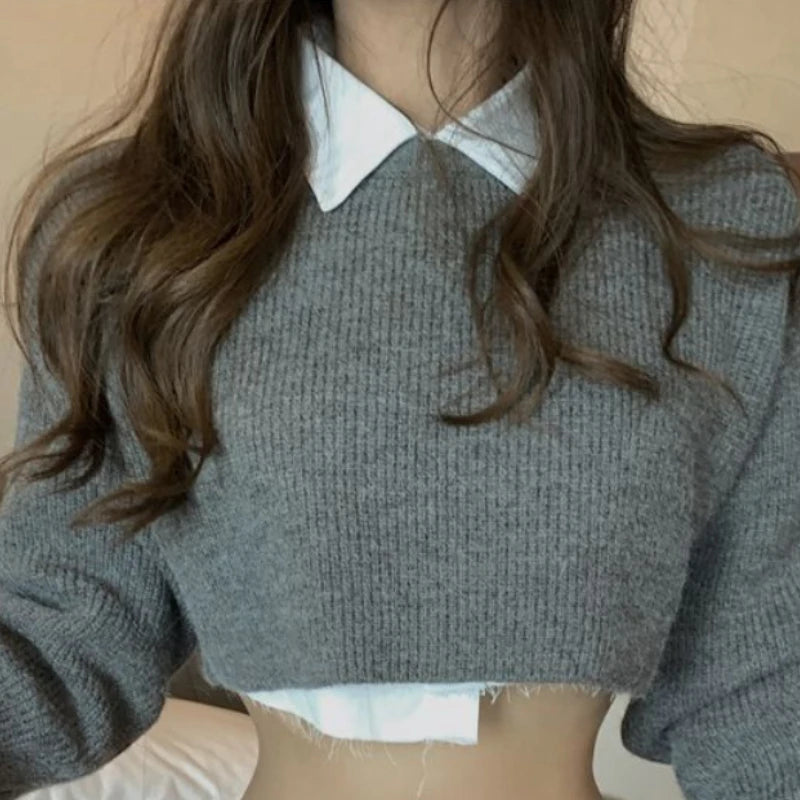 irregular shirts + knitted sweater crop tops two pieces sets