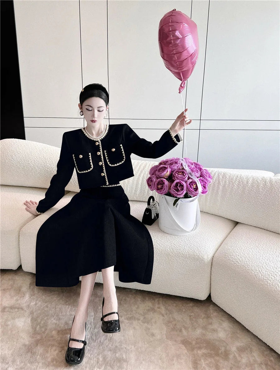 puff sleeve shirt crop top + pleated long skirt suits