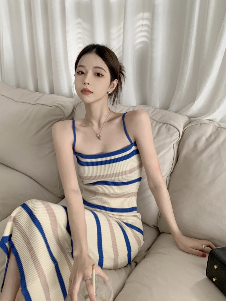 striped knitting midi dresses