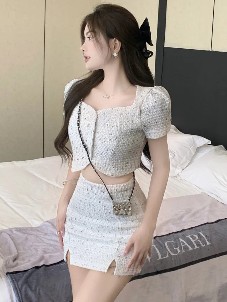 high quality tweed crop top + mini skirt suits