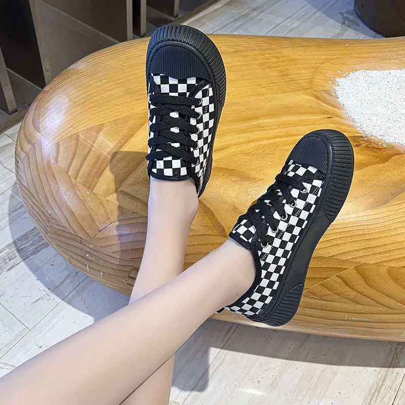 black plaid low canvas sneakers