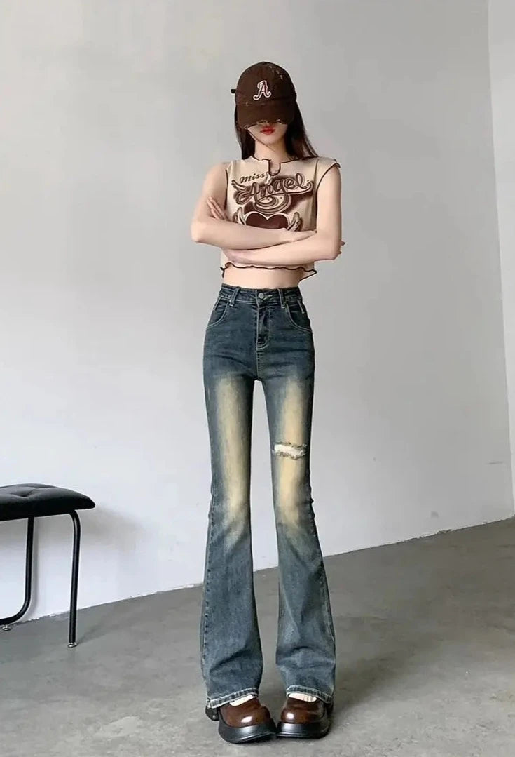 bleached holes flare jeans