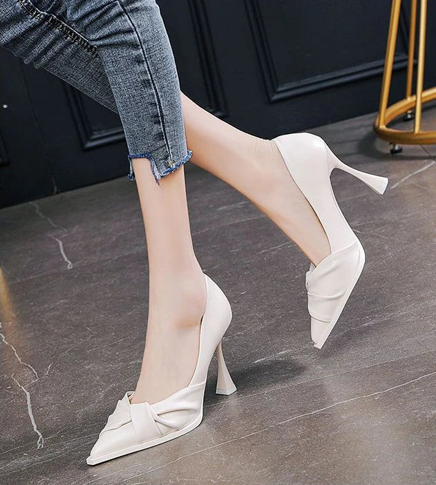 leather casual pointed toe high heels