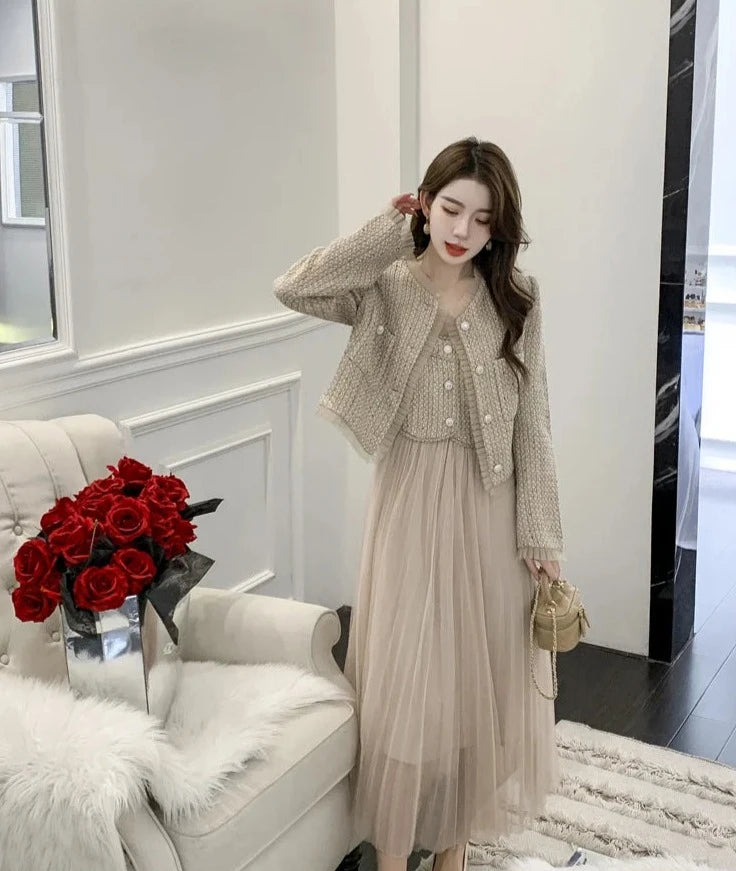 high quality french style luxury short jacket coat + sling sexy long dress suits