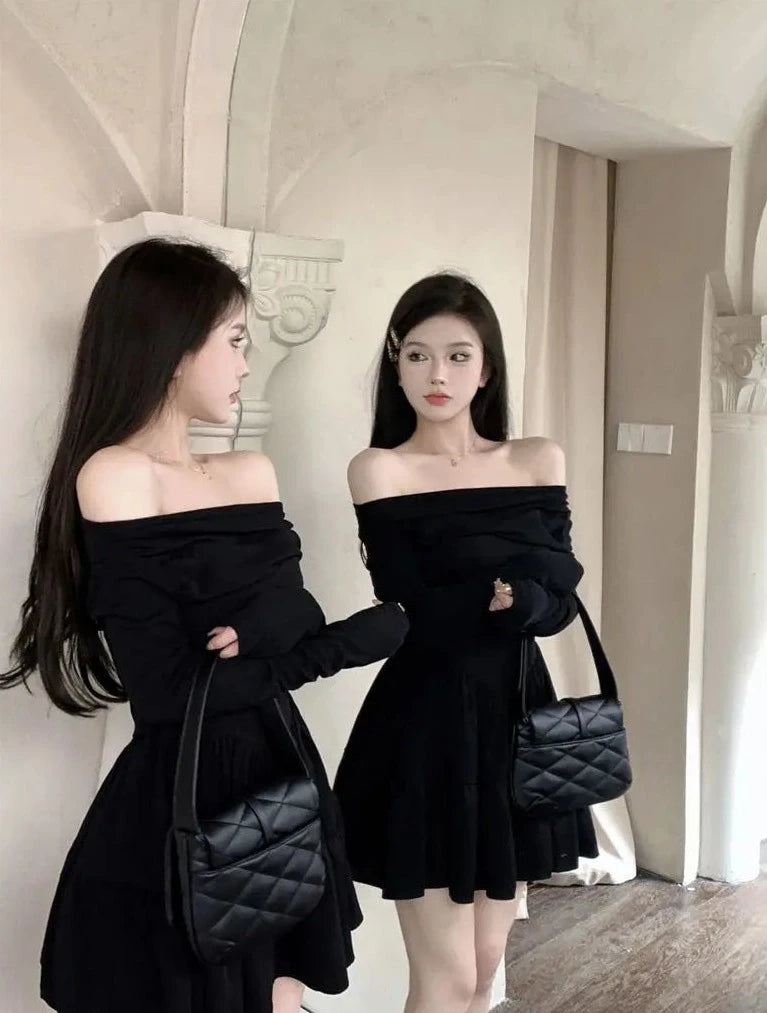 temperament slash neck black dresses