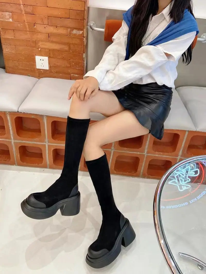 high knee shaft black long boots