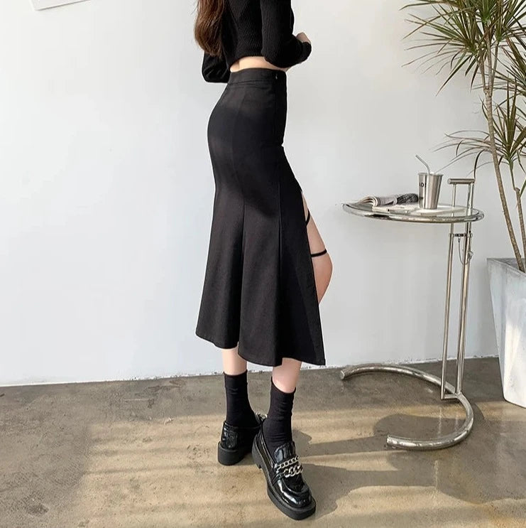 irregular side-slit bandage midi skirts