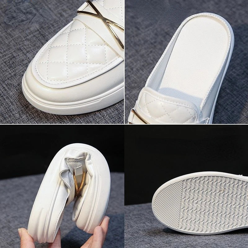 white flat leather slippers