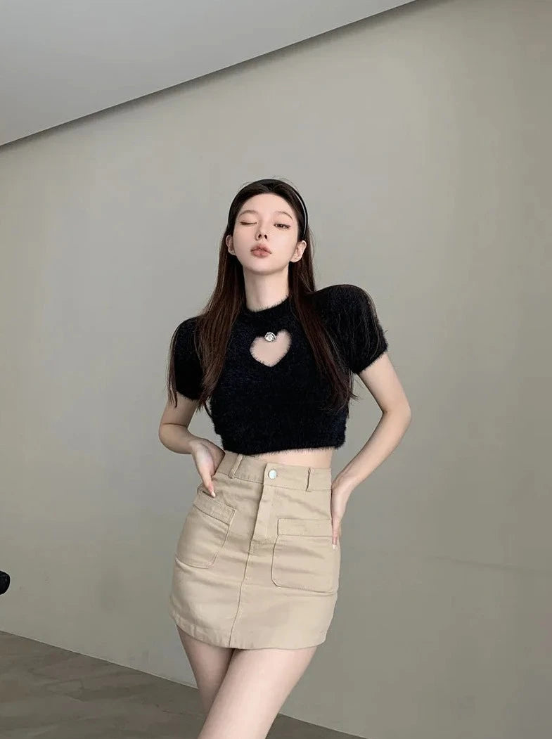 cashmere short sleeve knitted crop tops