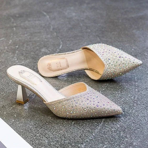 rhinestone stiletto heel slippers