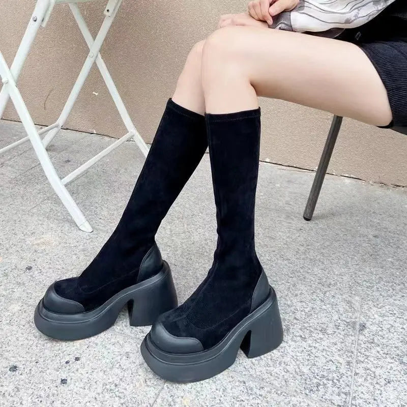 high knee shaft black long boots