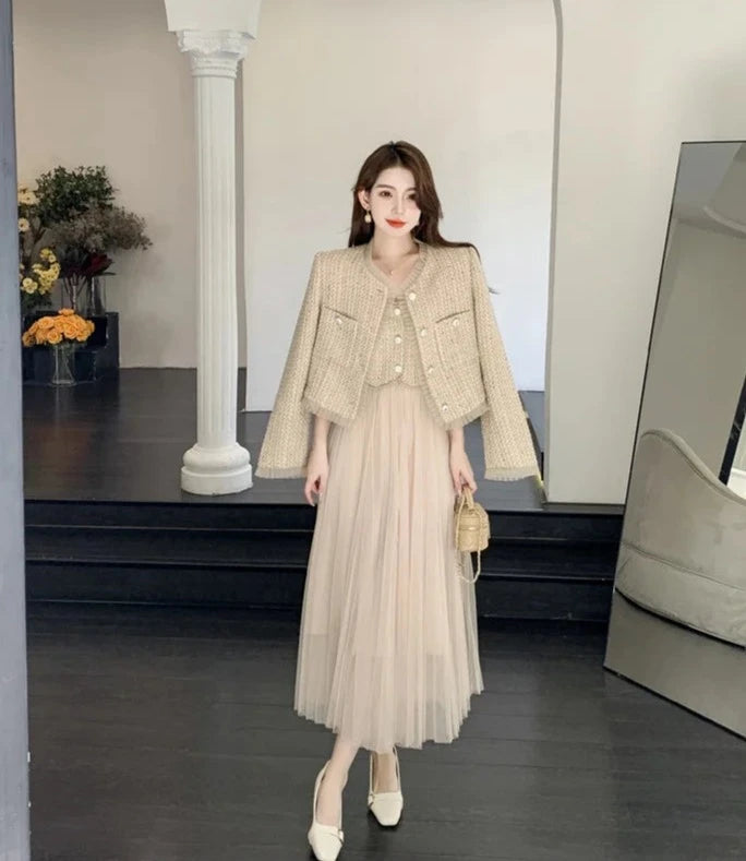 high quality french style luxury short jacket coat + sling sexy long dress suits