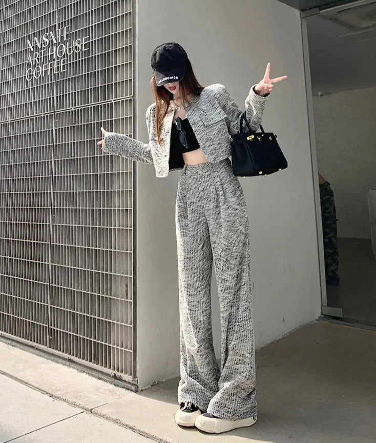 small fragrance tweed  short jacket coat + high waist wide leg pant sets suits