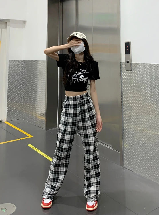 retro black plaid loose pants