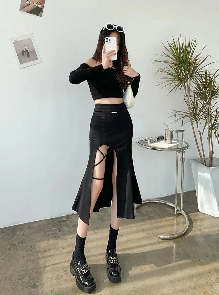 irregular side-slit bandage midi skirts