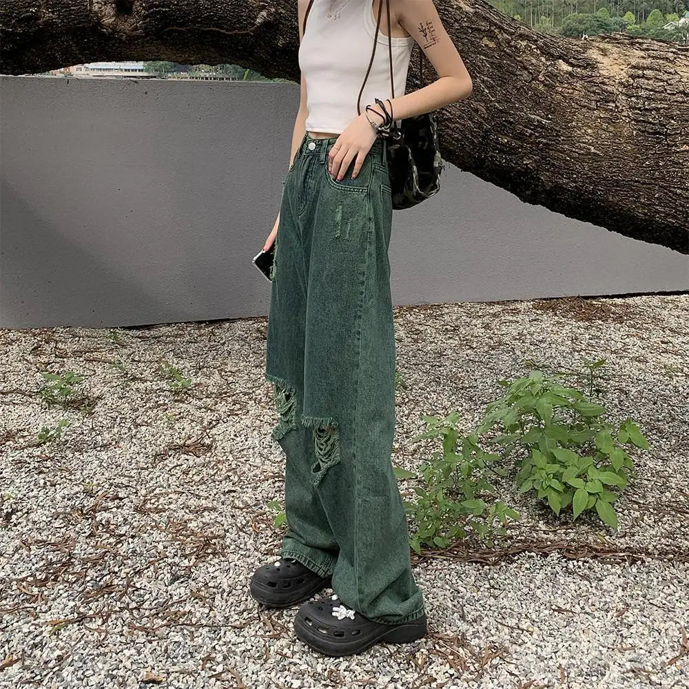 dark green ripped wide leg jeans