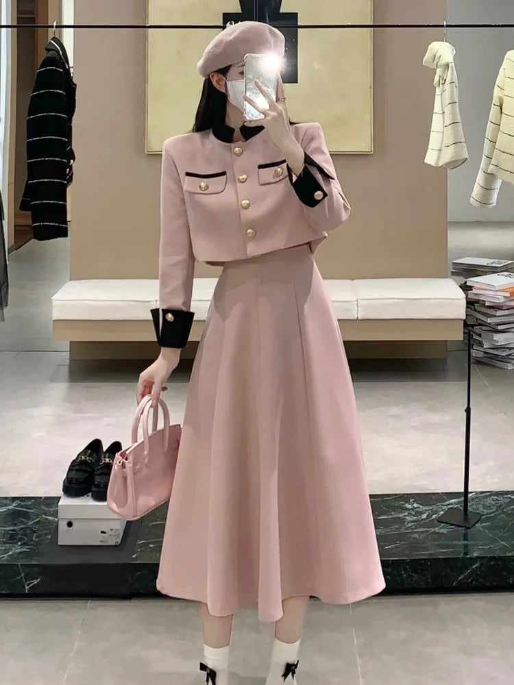 high quality two piece set short jacket coat + long skirt suits