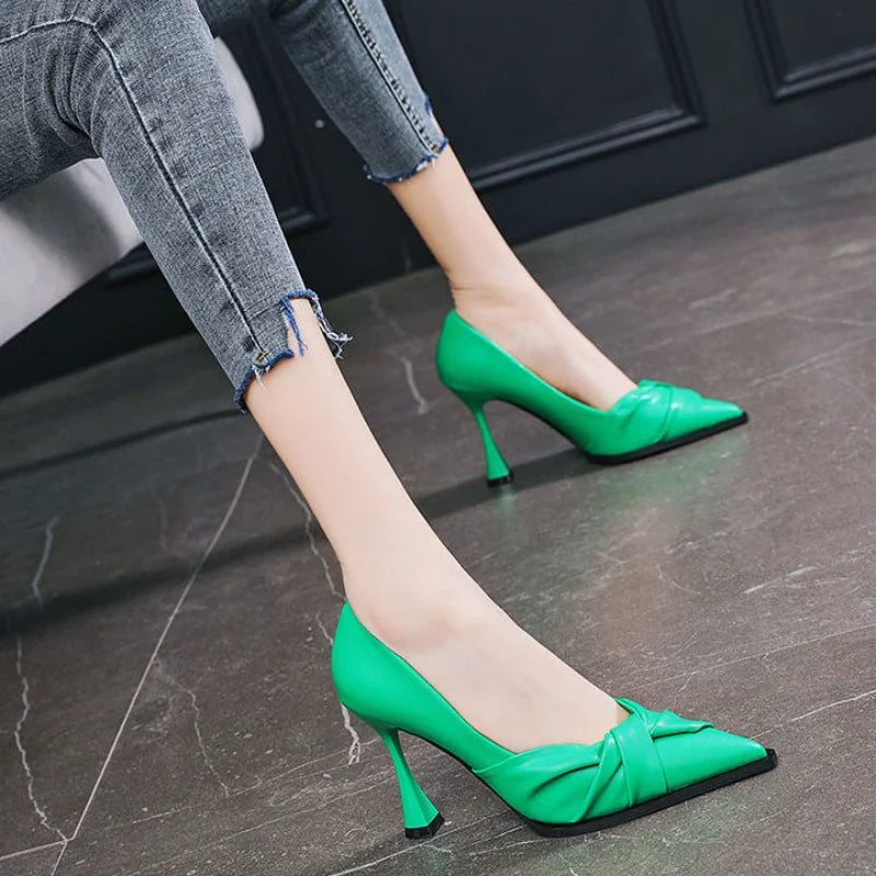 leather casual pointed toe high heels