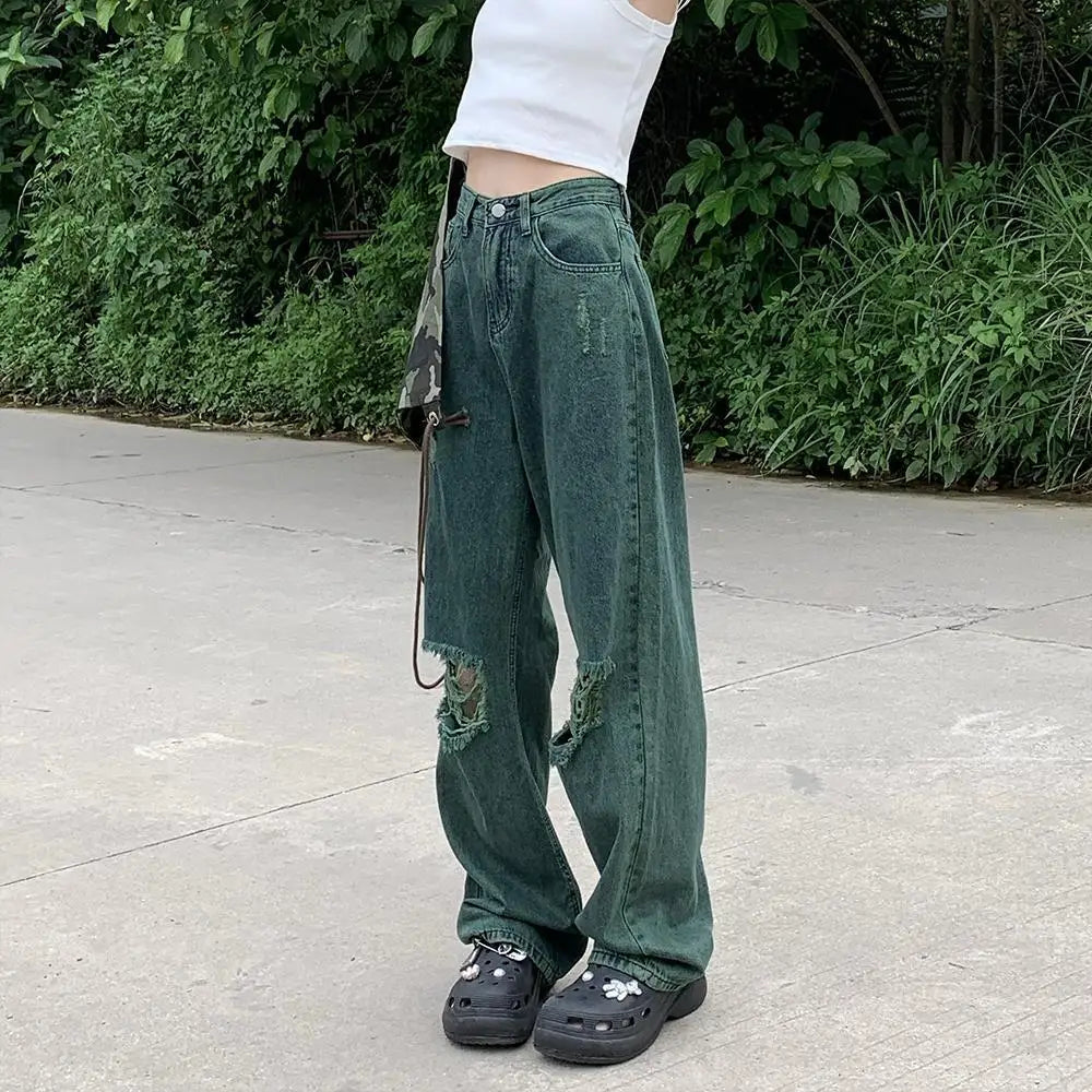 dark green ripped wide leg jeans