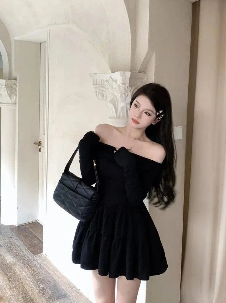 temperament slash neck black dresses