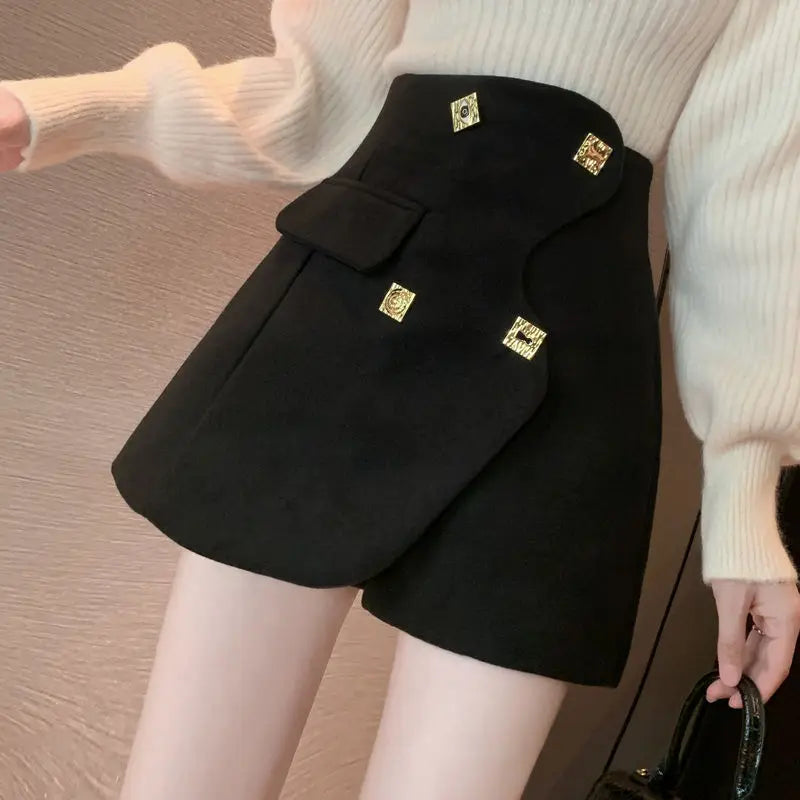 asymmetrical golden buttons shorts