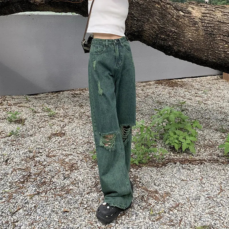 dark green ripped wide leg jeans