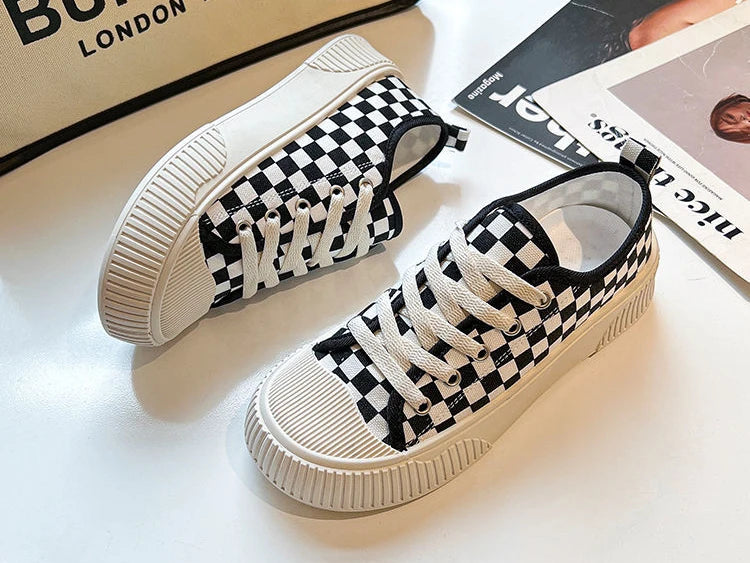 black plaid low canvas sneakers