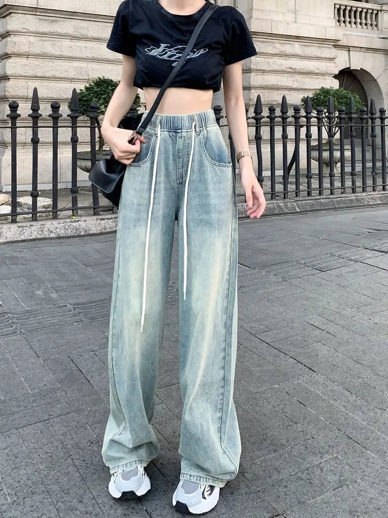 drawstring washed wide leg  jeans