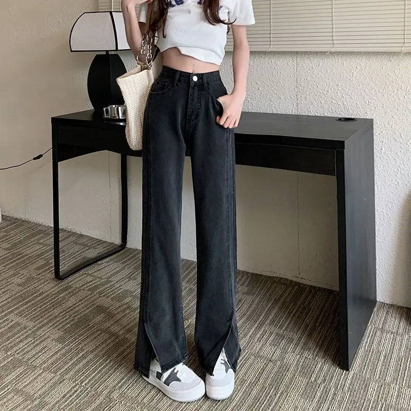 side slit design black wide leg jeans