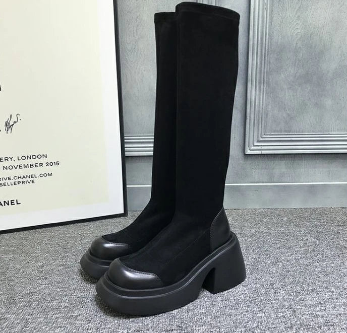 high knee shaft black long boots