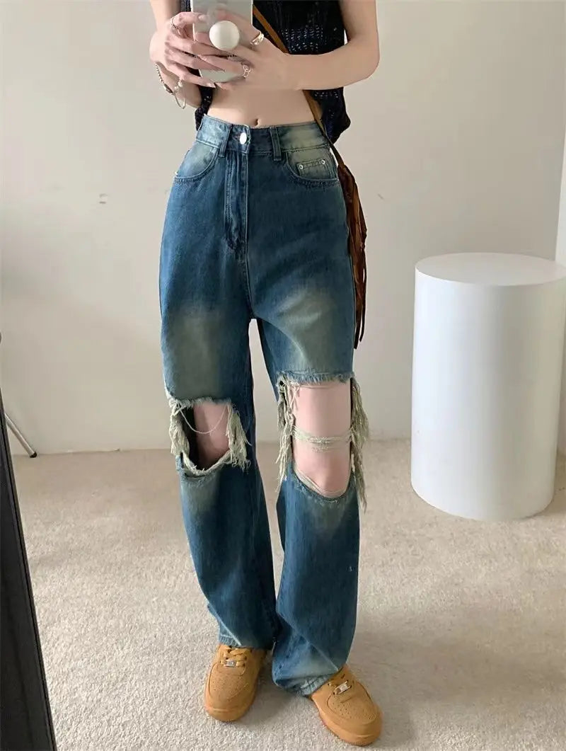 holes ripped vintage wide jeans