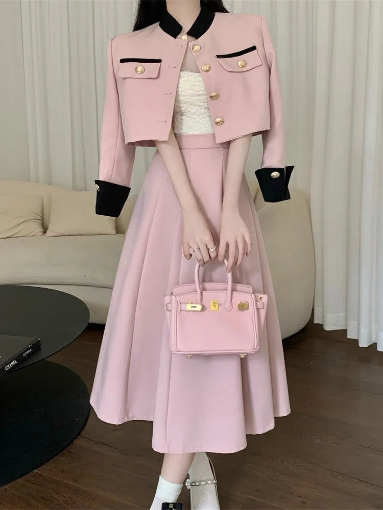 high quality two piece set short jacket coat + long skirt suits