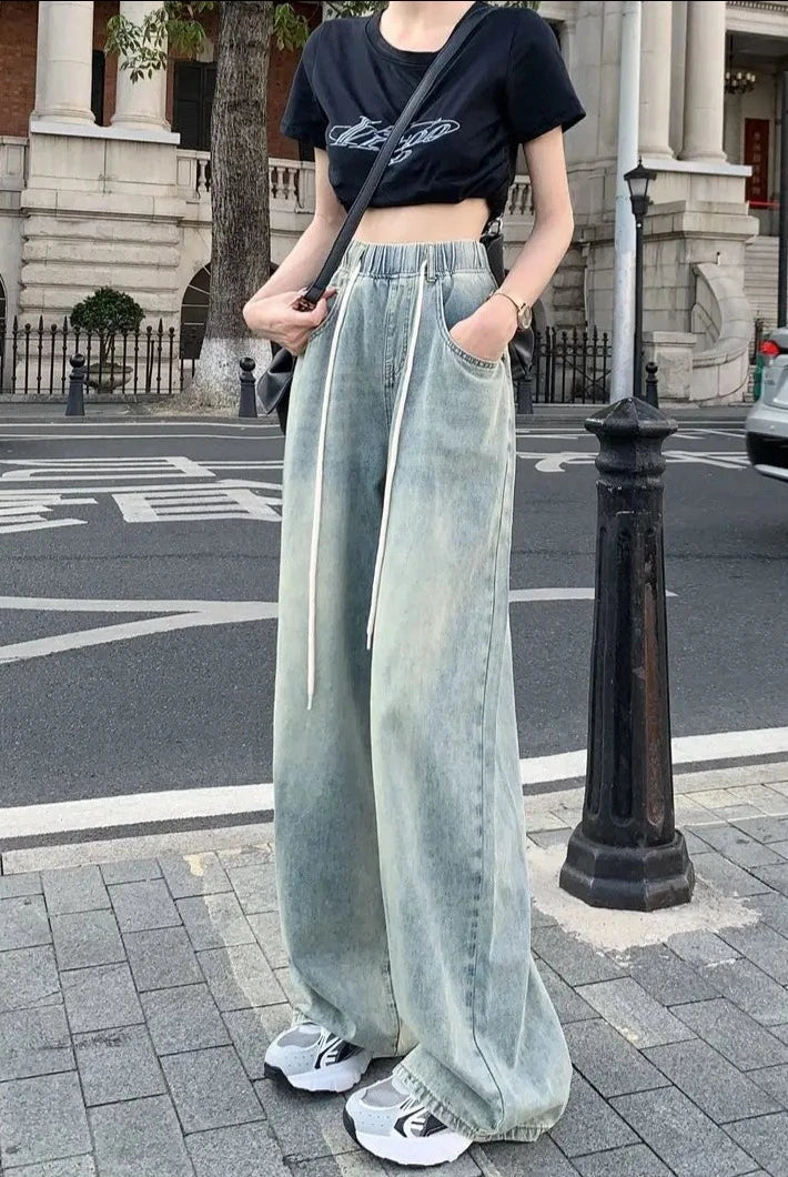 drawstring washed wide leg  jeans