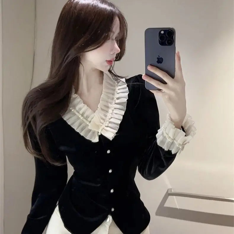 velour ruffles blouses