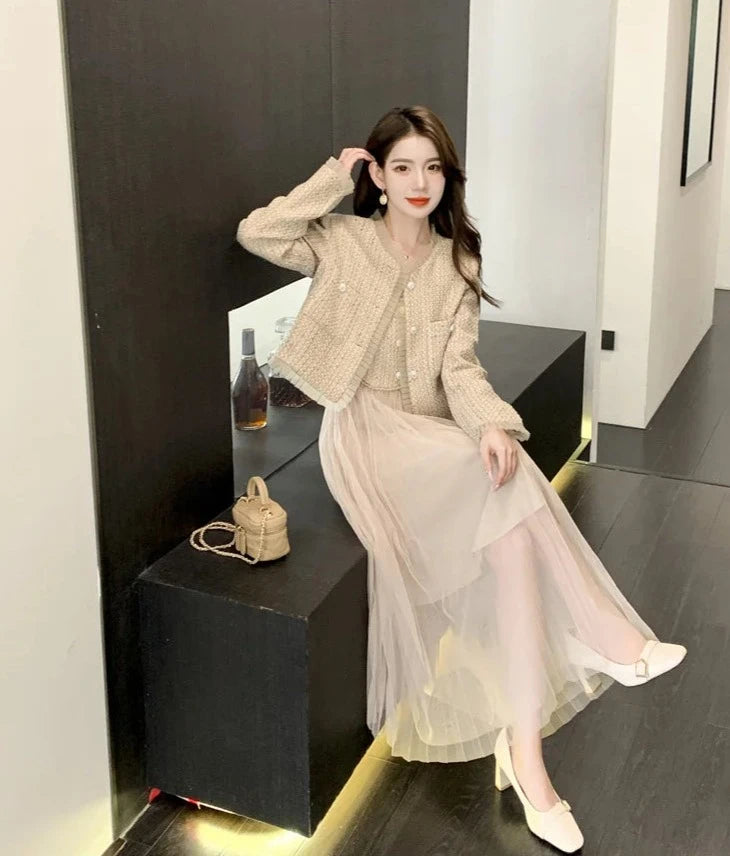 high quality french style luxury short jacket coat + sling sexy long dress suits