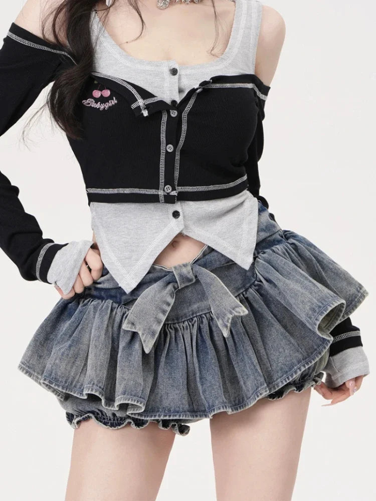 bow denim mini skirts