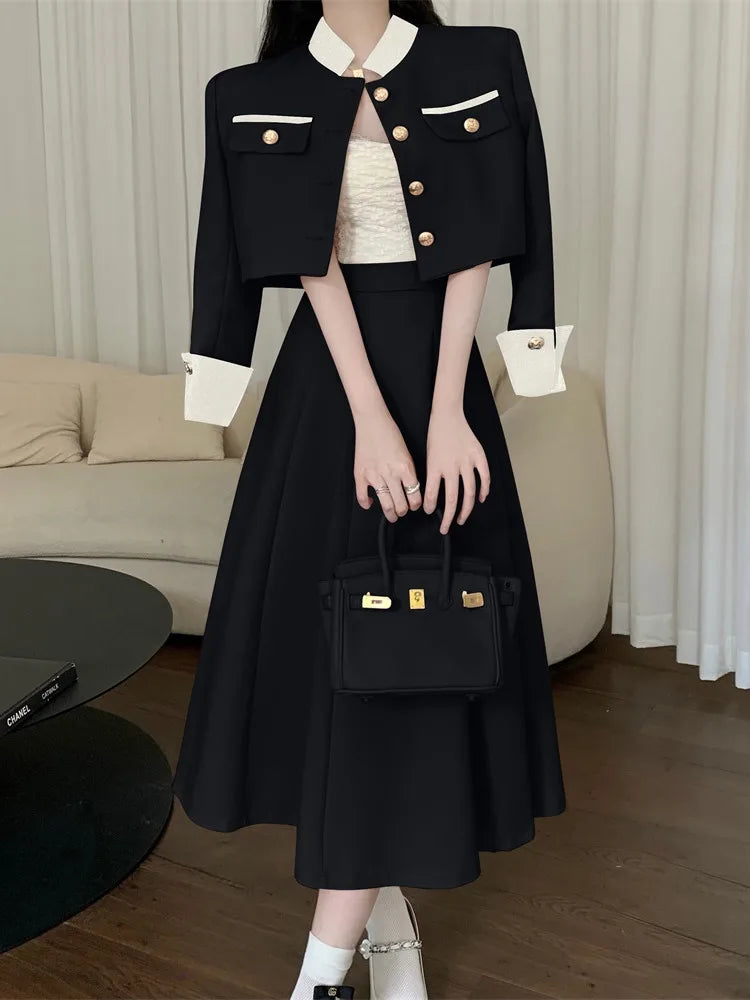 high quality two piece set short jacket coat + long skirt suits