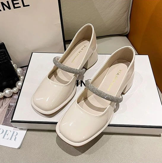 square toe leather casual medium heels