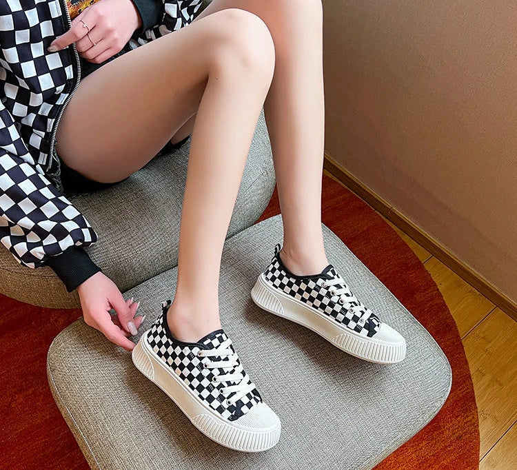 black plaid low canvas sneakers