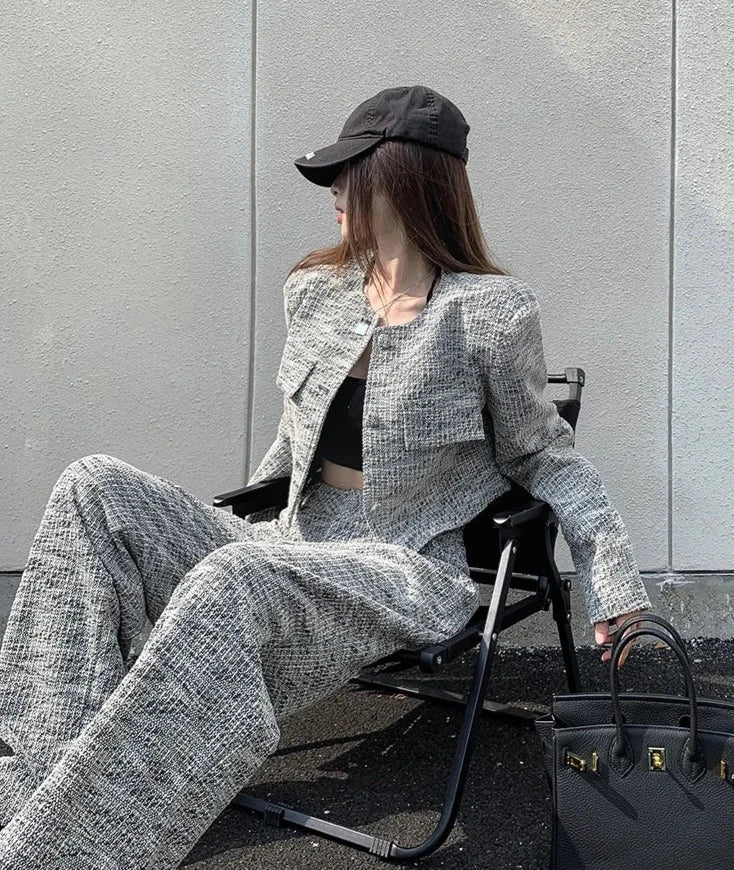 small fragrance tweed  short jacket coat + high waist wide leg pant sets suits